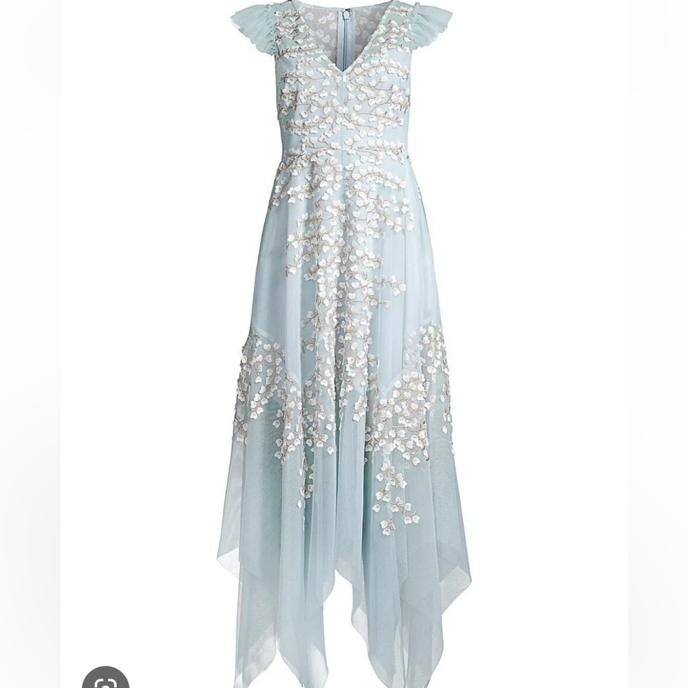 BCBGMAXAZRIA Blue Embroidered Tulle Ruffle
